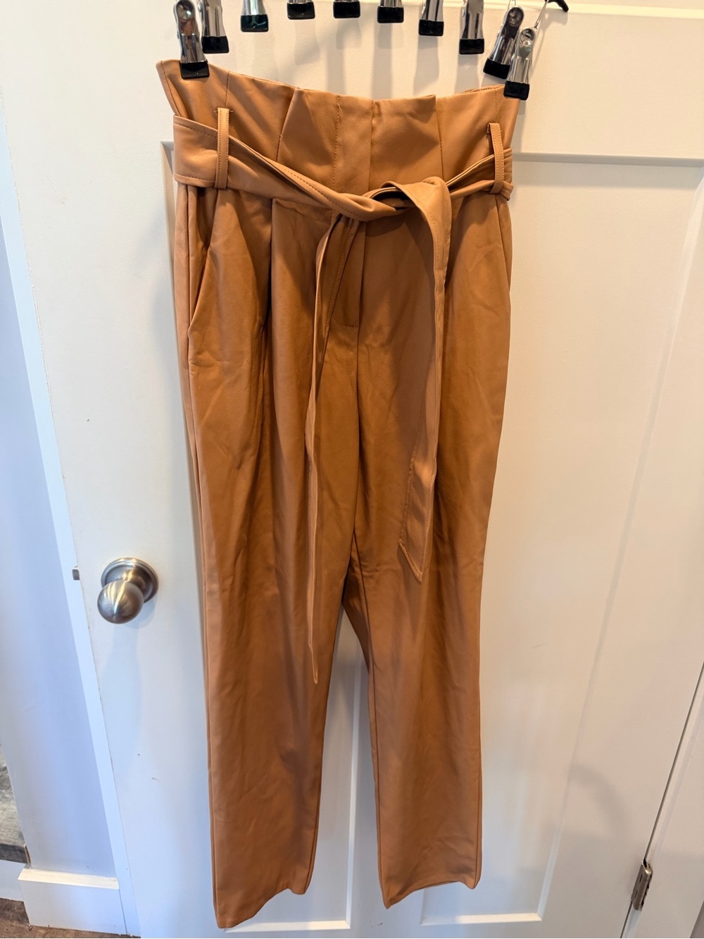 Camel Faux Leather Paperbag Waist Tie Pants Vegan Leather Trouser S
